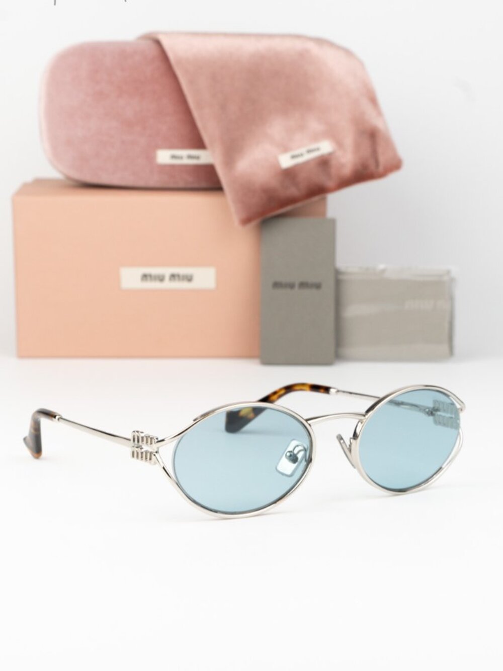 Miu Miu Women Sunglasses LOGO Silver Blue Oval MU52YS 1BC20R NEW AUTHENTIC